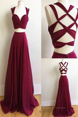 Fashion Dress, Two Pieces Burgundy Chiffon Long Prom Dresses, 2 Pieces Wine Red Long Formal Evening Dresses