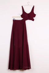Flower Girl, Two Pieces Burgundy Long Prom Dresses, Dark Wine Red 2 Pieces Long Formal Bridesmaid Dresses