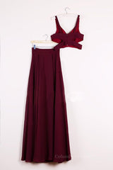 Bachelorette Party Outfit, Two Pieces Burgundy Long Prom Dresses, Dark Wine Red 2 Pieces Long Formal Bridesmaid Dresses