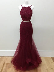 Evening Dresses Midi, Two Pieces Halter Neck Mermaid Tulle Maroon Prom with Beadings, Maroon Formal, Evening