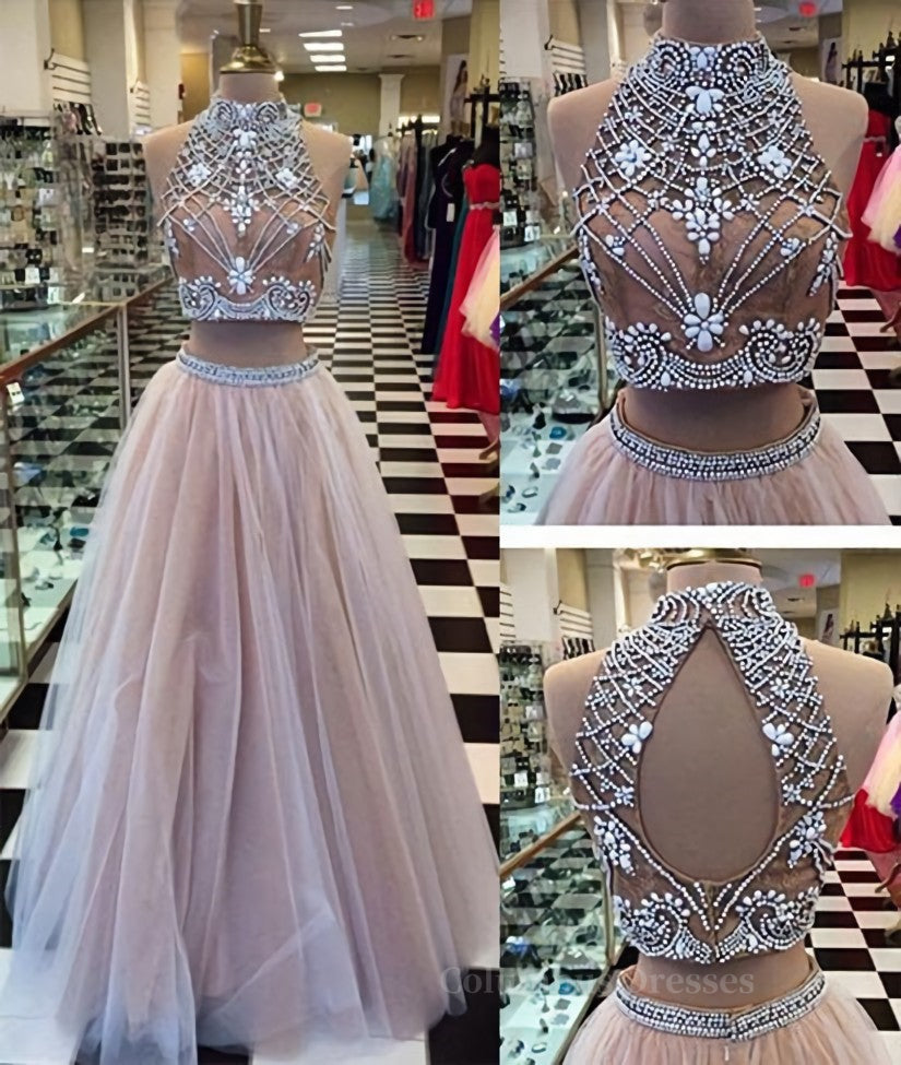 Formal Dresses Website, Two Pieces High-Neck Beaded Tulle Long  Champagne Prom Dresses, Evening Dresses