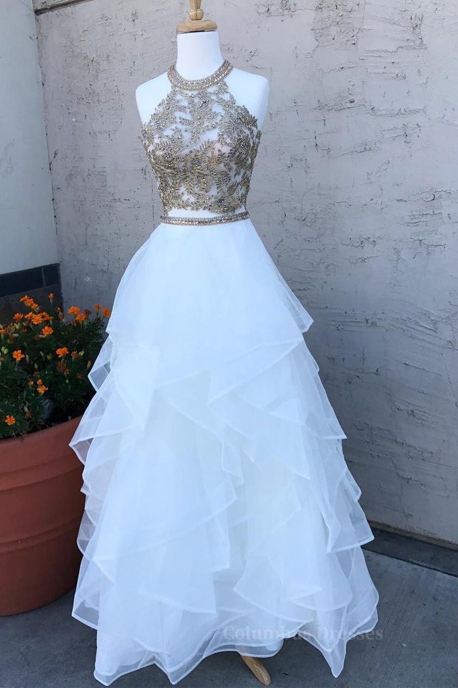 Prom Dress Spring, Two Pieces Lace White Tulle Long Prom Dresses, White Two Pieces Formal Dresses, Evening Dresses, Ball Gown