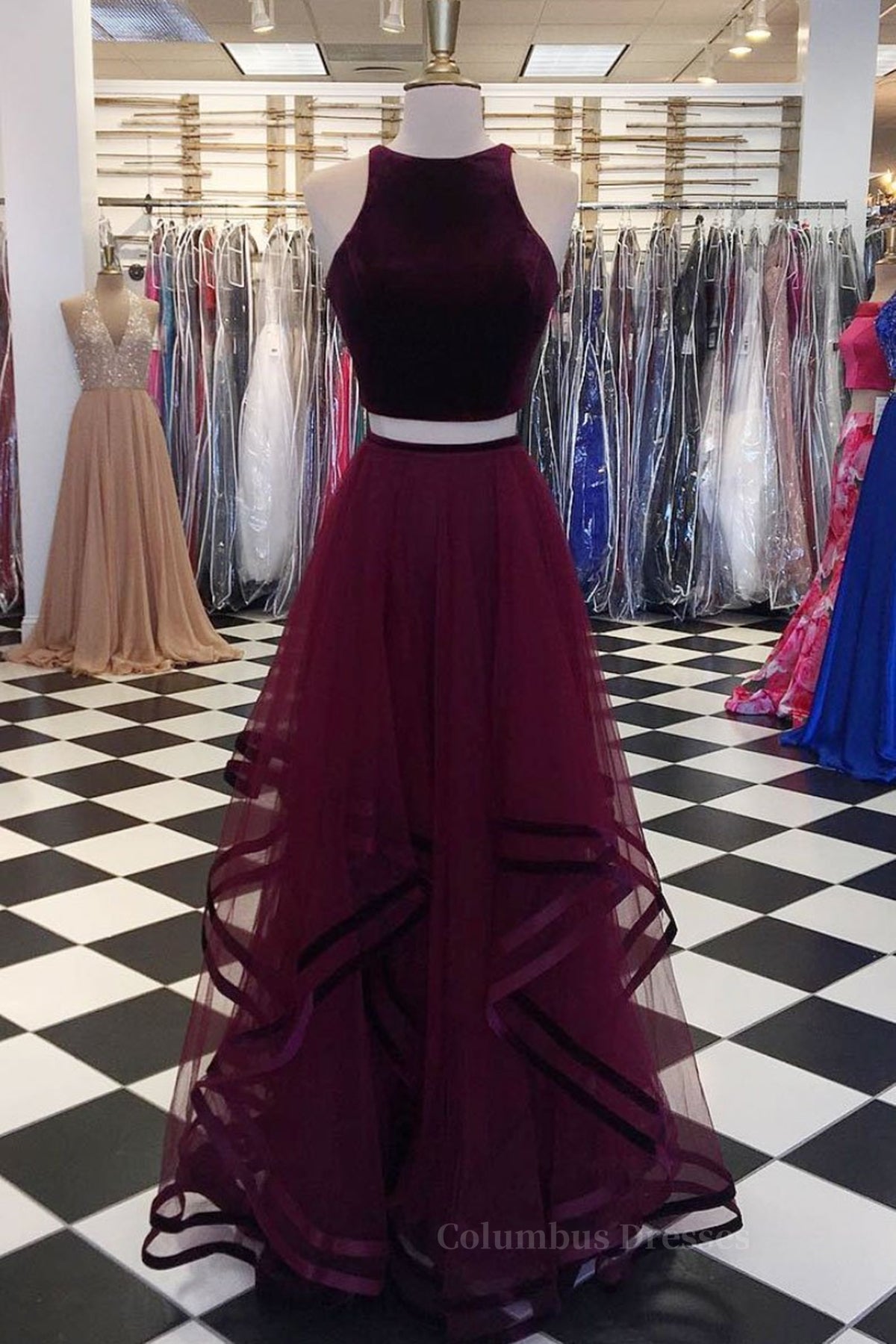 Beauty Dress, Two Pieces Maroon Long Prom Dress, Dark Burgundy 2 Pieces Formal Evening Dresses