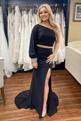 Two Pieces One Shoulder Mermaid Prom Dress with Slit