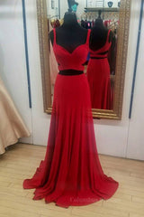 Party Dresses Cheap, Two Pieces Red Long Prom Dresses, 2 Pieces Red Long Formal Evening Dresses