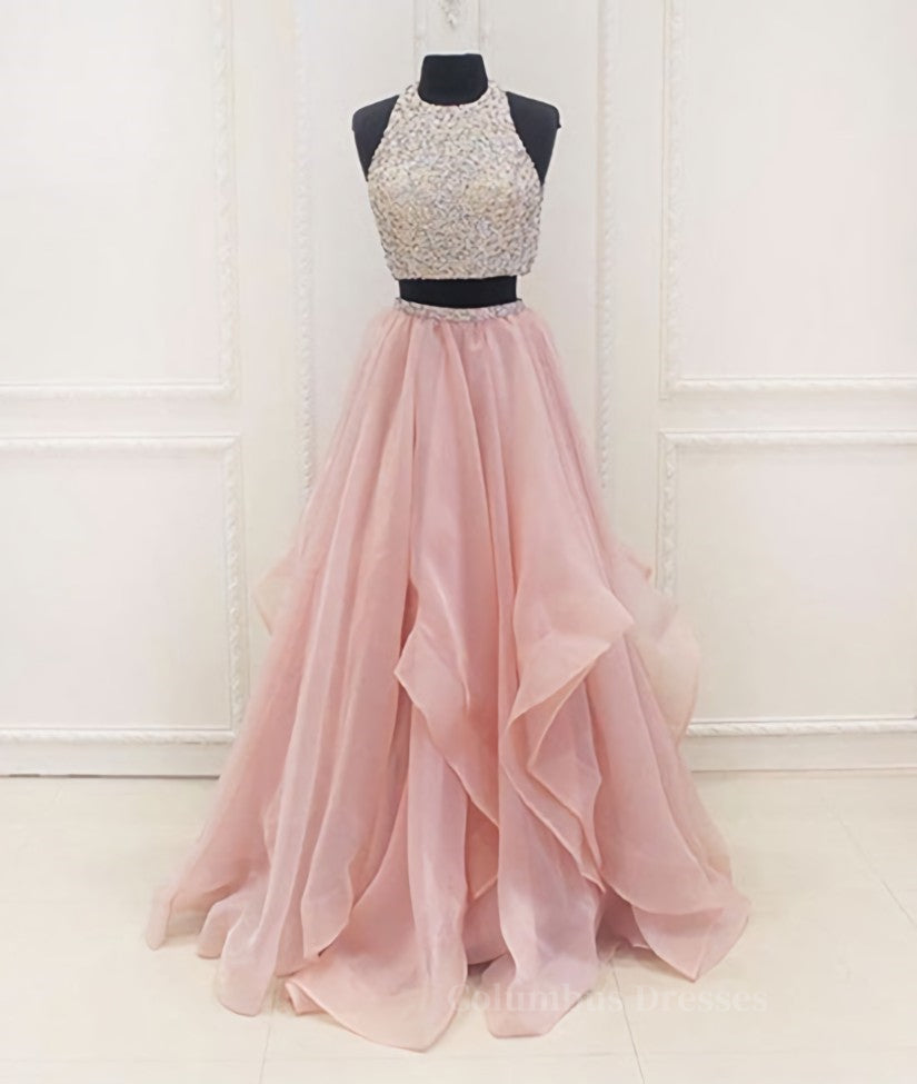 Formal Dresses Ballgown, Two Pieces Round Neck Sequins Long Pink Prom Dresses, Pink Evening Dresses
