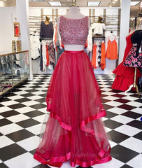 Formal Dress Long Sleeved, Two Pieces Sequin Round Neck Tulle Long Red Prom Dresses, Red Evening Dresses