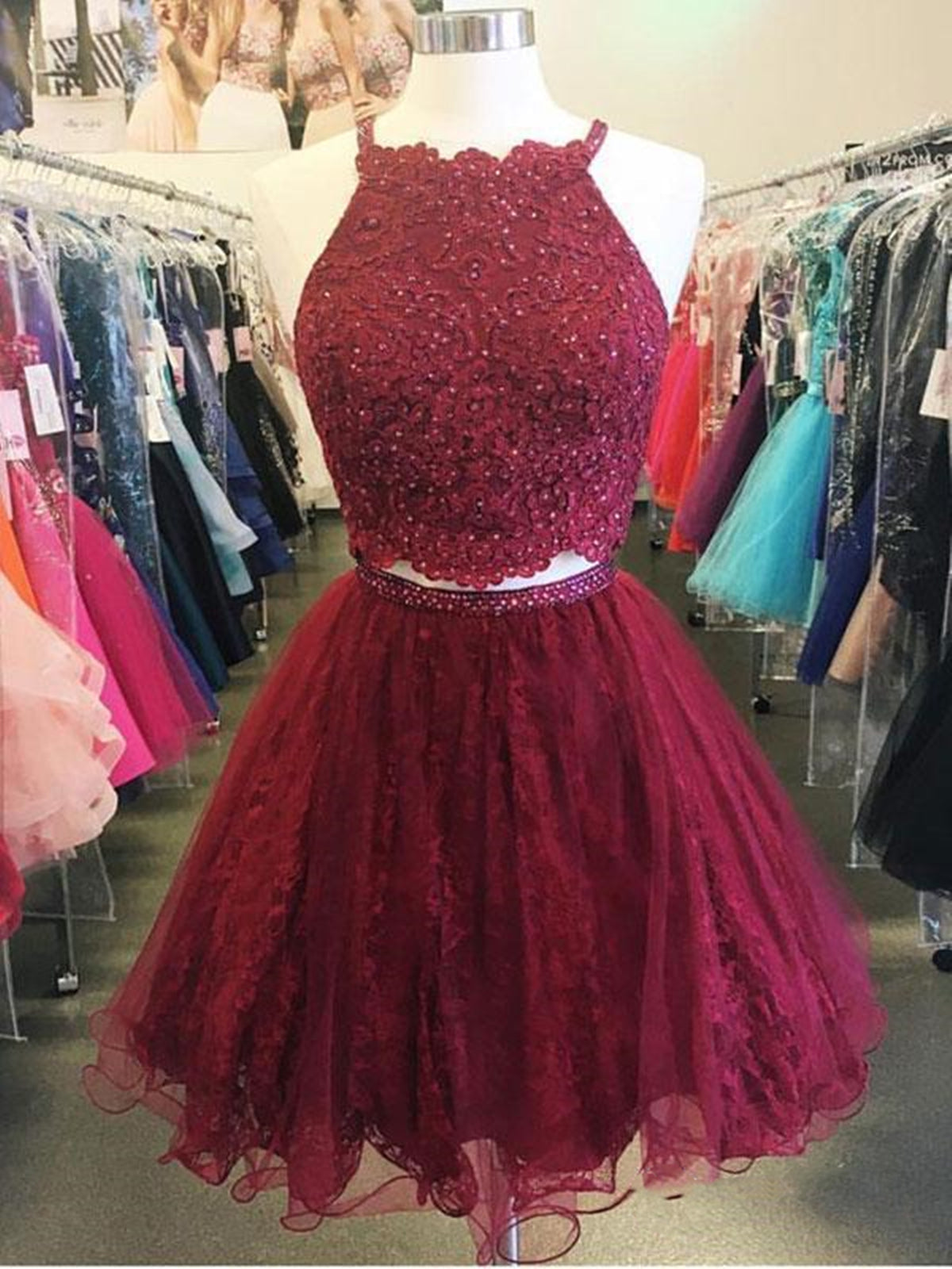 Party Dress Inspo, Two Pieces Short Burgundy Lace Prom Dresses, Wine Red 2 Pieces Short Lace Formal Homecoming Dresses
