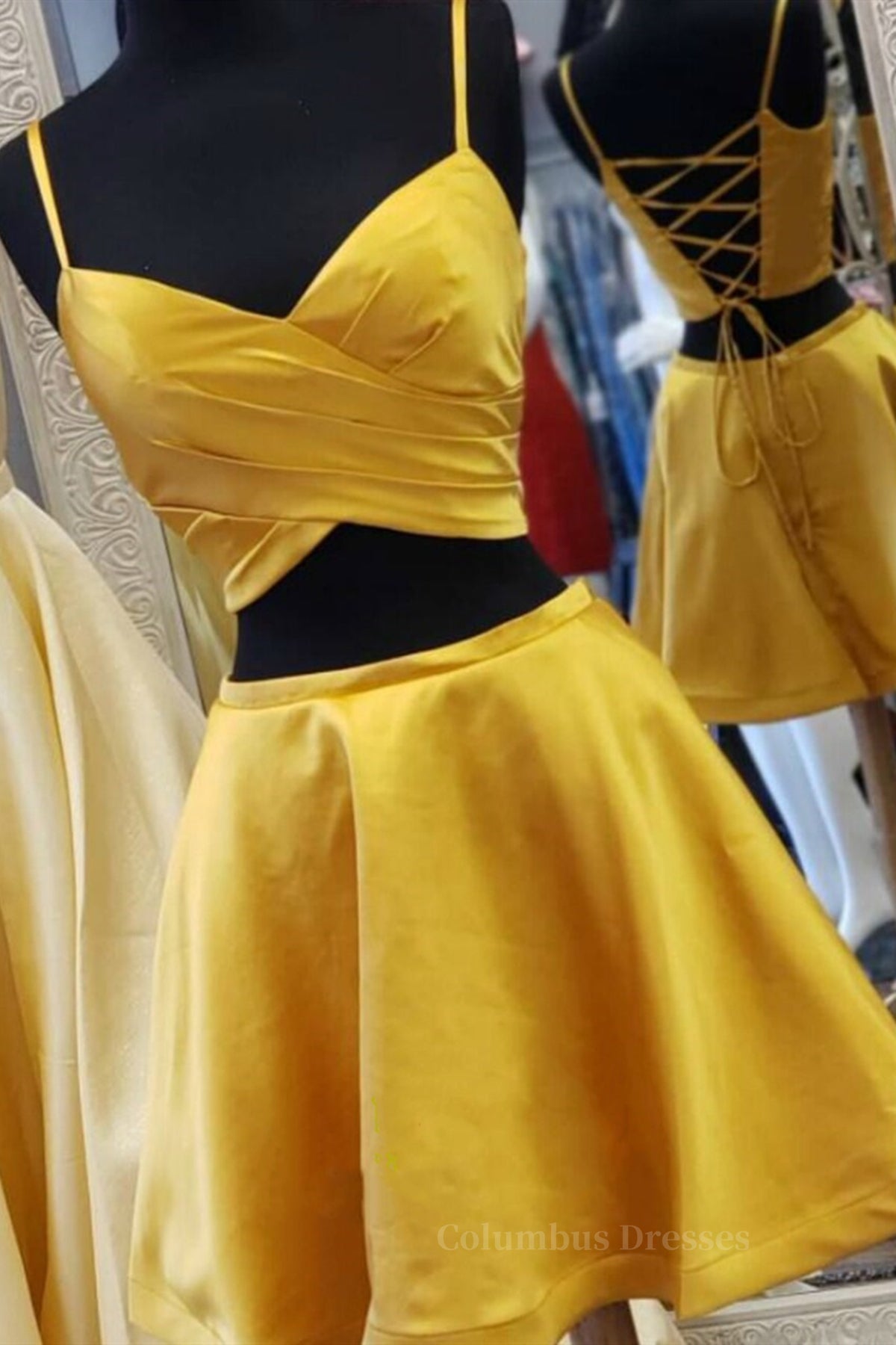 Prom Dress For Girl, Two Pieces Short Yellow Prom Dresses, Short Yellow 2 Pieces Formal Homecoming Dresses
