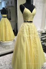 Bridesmaid Dress Designs, Two Pieces V Neck Yellow Lace Long Prom Dresses, 2 Pieces Yellow Formal Dresses, Yellow Lace Evening Dresses