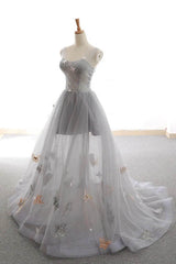 Formal Dress With Embroidered Flowers, Gray Long Prom Dress with Butterfly, New Arrival Unique Evening Dress