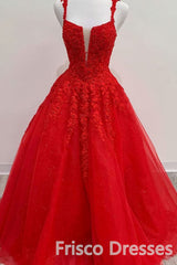 Evening Dresses, Red Tulle Lace A Line Formal Evening Dresses Appliques Long Prom Dresses