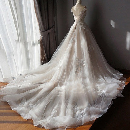 Wedding Dress V, Ball Gown Off Shoulder Sleeveless Sweetheart Appliques Beading Tulle Wedding Dresses