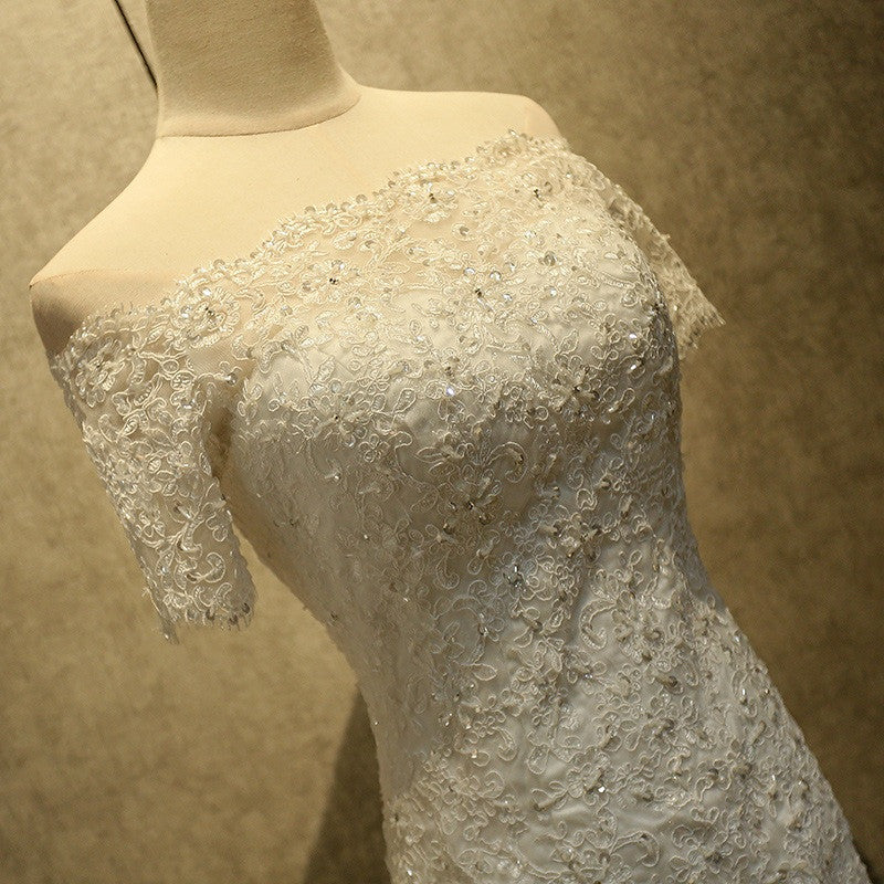 Wedding Dress A Line Lace, Mermaid Off Shoulder Sleeveless Lace Beading Watteau Train Wedding Dresses