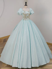Evening Dress Designs, Unique A-LIne Satin Lace Long Prom Dresses, Blue Satin Sweet 16 Dresses
