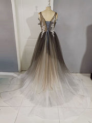 Party Dresses Design, Unique A line V Neck Tulle Lace Long Prom Dress,  Tulle Formal Dress
