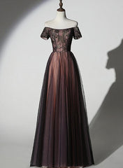 Formal, Unique Black and Champagne Tulle Long Party Dress, Senior Prom Dress