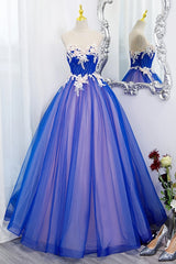 Formal Dresses For Weddings, Unique Blue and Pink Formal Gown with Lace, Sweetheart Blue Floor Length Prom Dress