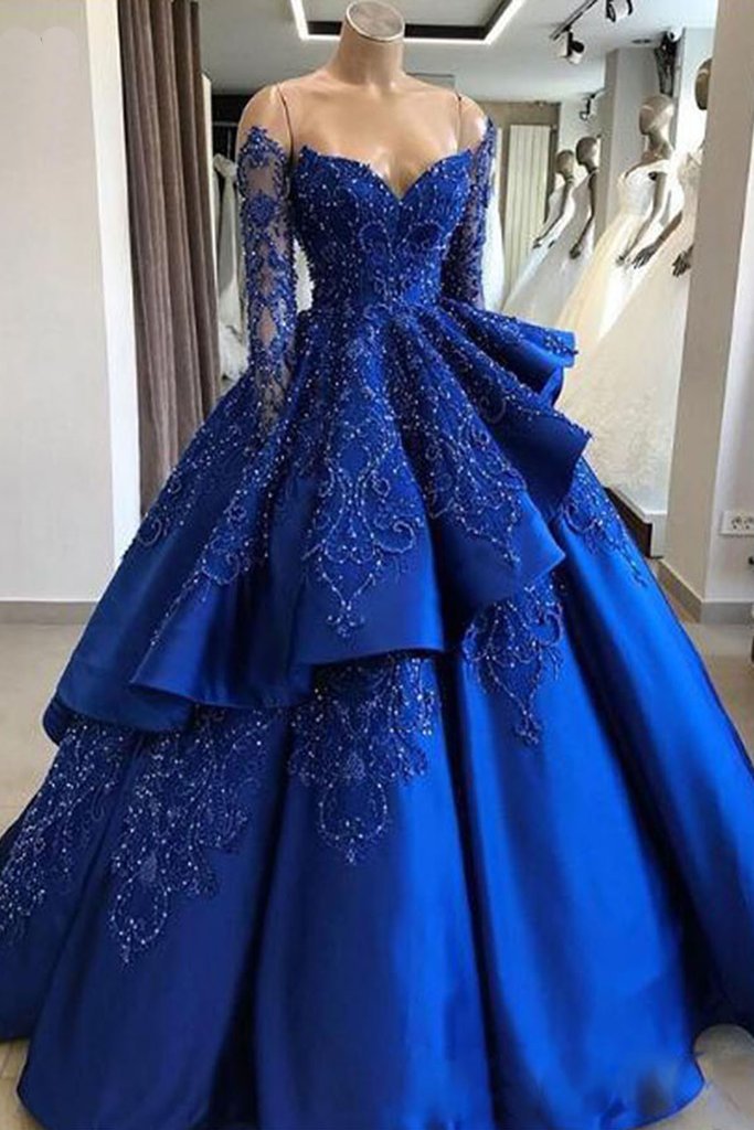 Plu Size Wedding Dress, Unique blue lace long prom dress, blue long evening dress