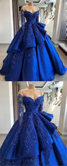 Small Wedding Ideas, Unique blue lace long prom dress, blue long evening dress