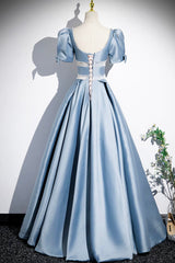 Prom Dress Online, Unique Blue Satin Long Prom Dress, A-Line Short Sleeve Blue Evening Dress
