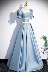 Prom Dress Sales, Unique Blue Satin Long Prom Dress, A-Line Short Sleeve Blue Evening Dress
