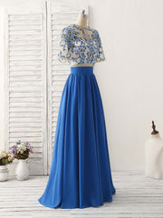 Party Dress Meaning, Unique Blue Two Pieces Long Prom Dress Applique Formal Dress