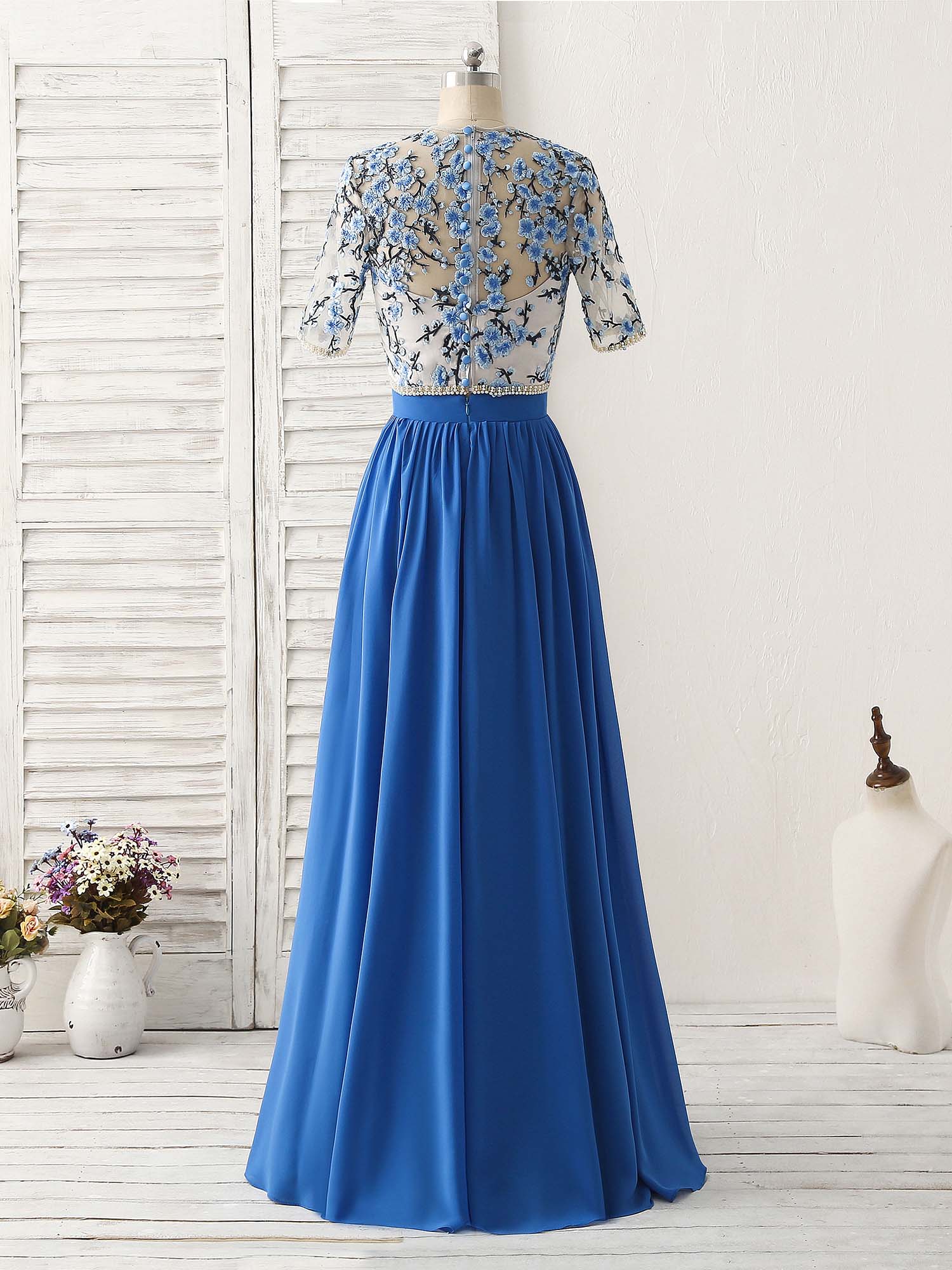 Party Dress Boho, Unique Blue Two Pieces Long Prom Dress Applique Formal Dress