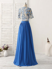 Party Dress Silk, Unique Blue Two Pieces Long Prom Dress Applique Formal Dress