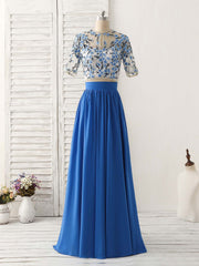 Party Dress Set, Unique Blue Two Pieces Long Prom Dress Applique Formal Dress
