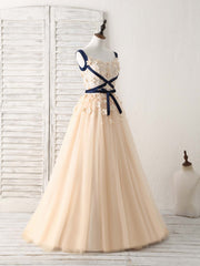 Prom Dress Long Sleeve Ball Gown, Unique Champagne Lace Tulle Long Prom Dress, Champagne Evening