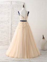 Prom Dresses For 16 Year Olds, Unique Champagne Lace Tulle Long Prom Dress, Champagne Evening