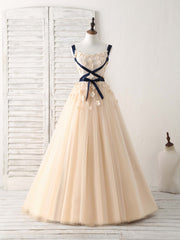 Prom Dresses Light Blue Long, Unique Champagne Lace Tulle Long Prom Dress, Champagne Evening