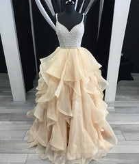 Party Dress Express, Unique champagne tulle sequin long prom dress, champagne evening dress
