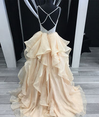 Party Dress And Style, Unique champagne tulle sequin long prom dress, champagne evening dress