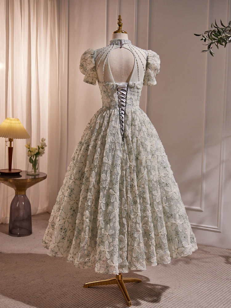 Formal Dress Long, Unique Hight Neck Tulle Lace Tea Length Prom Dress, Light Green Formal Dress