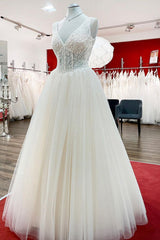 Wedding Dress Shoe, Unique Ivory Long Princess V-neck Tulle Lace Wedding Dress