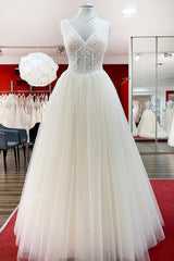 Wedding Dress Costs, Unique Ivory Long Princess V-neck Tulle Lace Wedding Dress