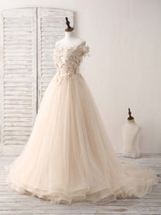 Bridesmaid Dress Shops, Unique  Lace Applique Tulle Long Champagne Prom Dresses Sweet 16 Dress
