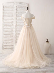 Bridesmaid Dress Sale, Unique  Lace Applique Tulle Long Champagne Prom Dresses Sweet 16 Dress