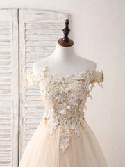 Bridesmaid Dress Custom, Unique  Lace Applique Tulle Long Champagne Prom Dresses Sweet 16 Dress