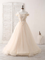 Bridesmaid Dresses 2028, Unique  Lace Applique Tulle Long Champagne Prom Dresses Sweet 16 Dress