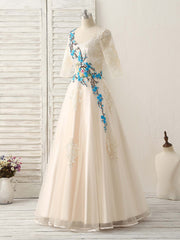 Party Dress Outfits Ideas, Unique Lace Applique Tulle Long Prom Dress Light Champagne Bridesmaid Dress