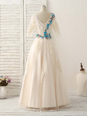 Party Dresses Casual, Unique Lace Applique Tulle Long Prom Dress Light Champagne Bridesmaid Dress