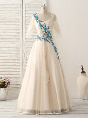 Party Dresses Outfit Ideas, Unique Lace Applique Tulle Long Prom Dress Light Champagne Bridesmaid Dress