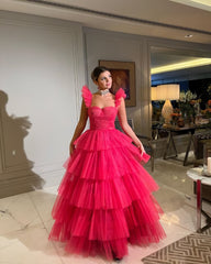 Party Dress Fall, Unique Layered Tulle Prom Dresses Ball Gowns Long Evening Dress