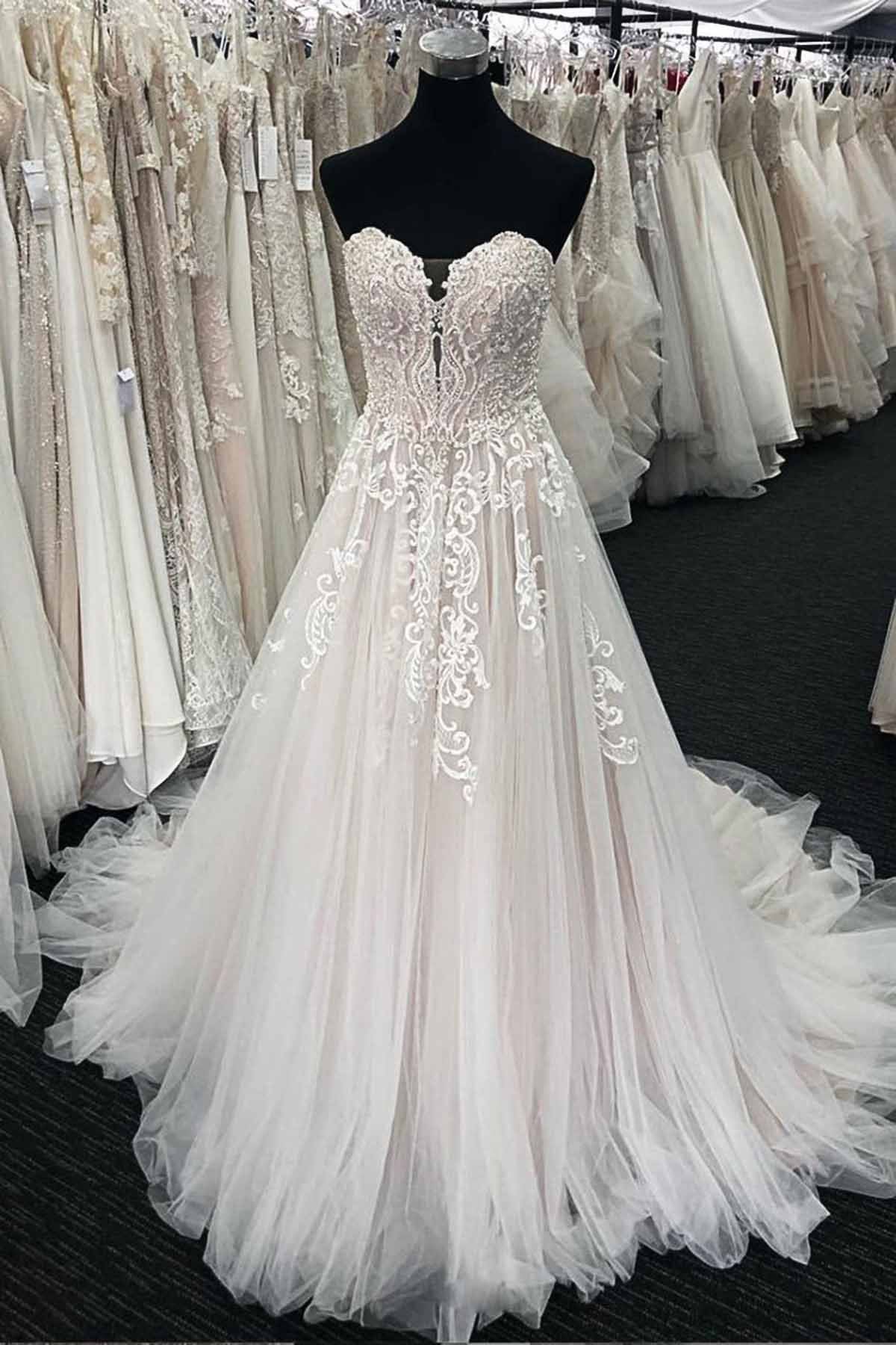 Wedding Dress Vintage Style, Unique Long A-line Lace Sweetheart Tulle Wedding Dress