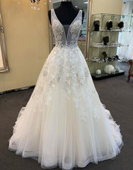 Wedding Dresses 2027 Trends, Unique Long A-line Tulle V Neck Beaded Lace Wedding Dress
