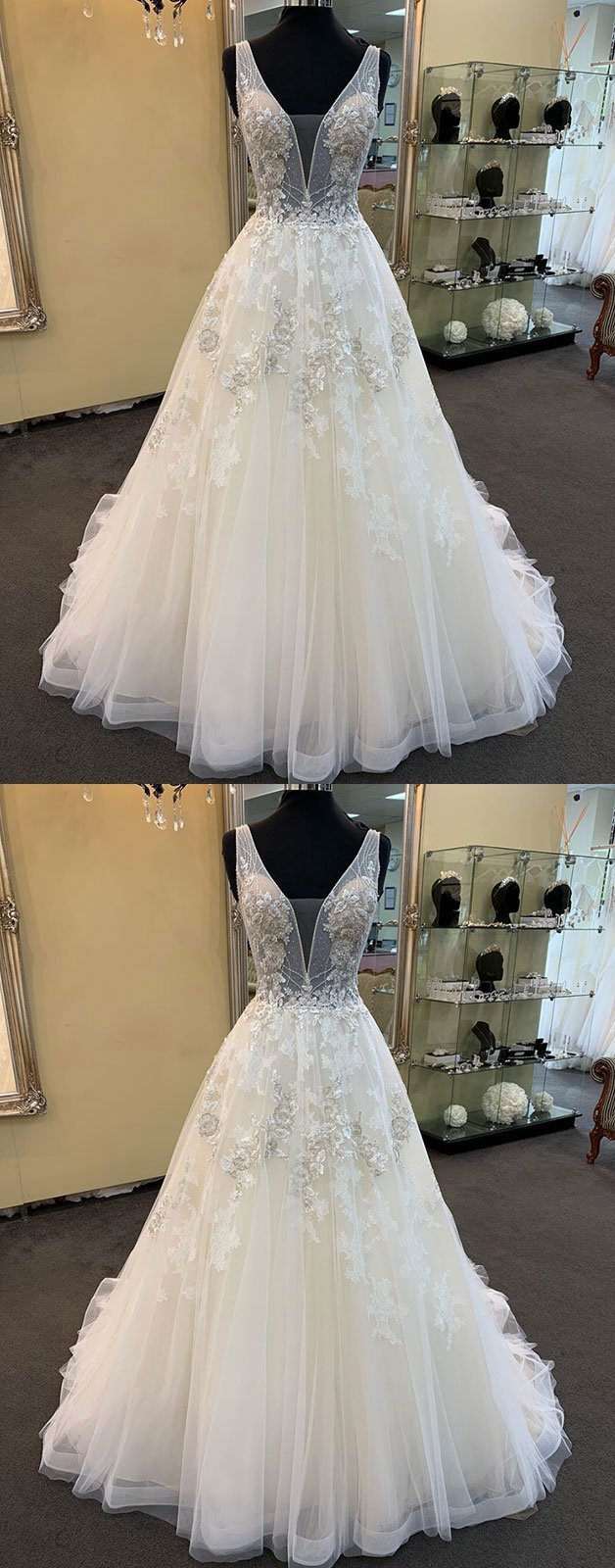 Wedding Dress With Lace, Unique Long A-line Tulle V Neck Beaded Lace Wedding Dress