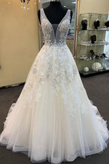 Wedding Dresses White, Unique Long A-line Tulle V Neck Beaded Lace Wedding Dress